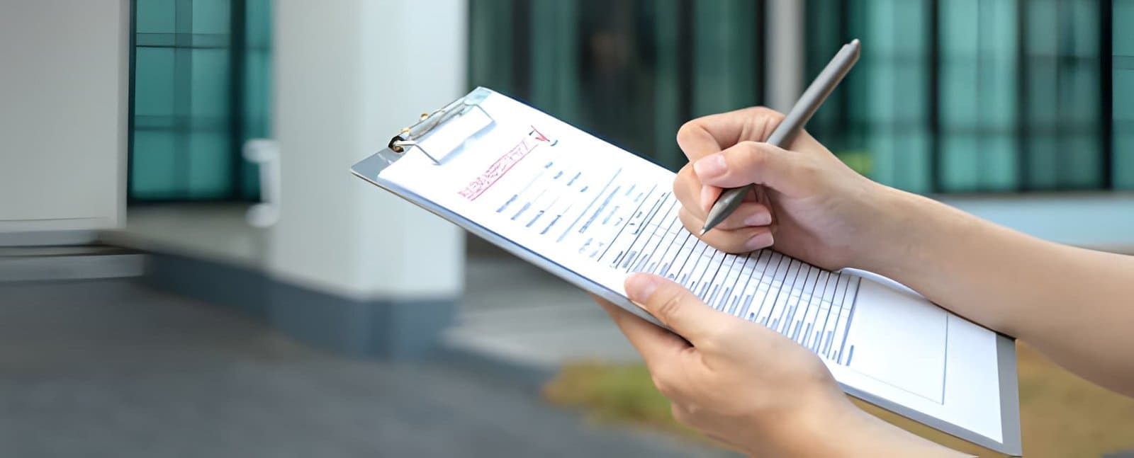 Home watch services near me—professional writing on clipboard form during property inspection outside modern building.