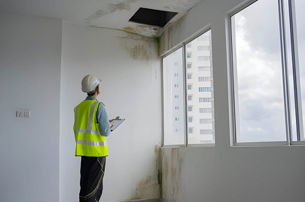 Home watch Port St Lucie—inspector with helmet reviewing water damage and mold growth in property.