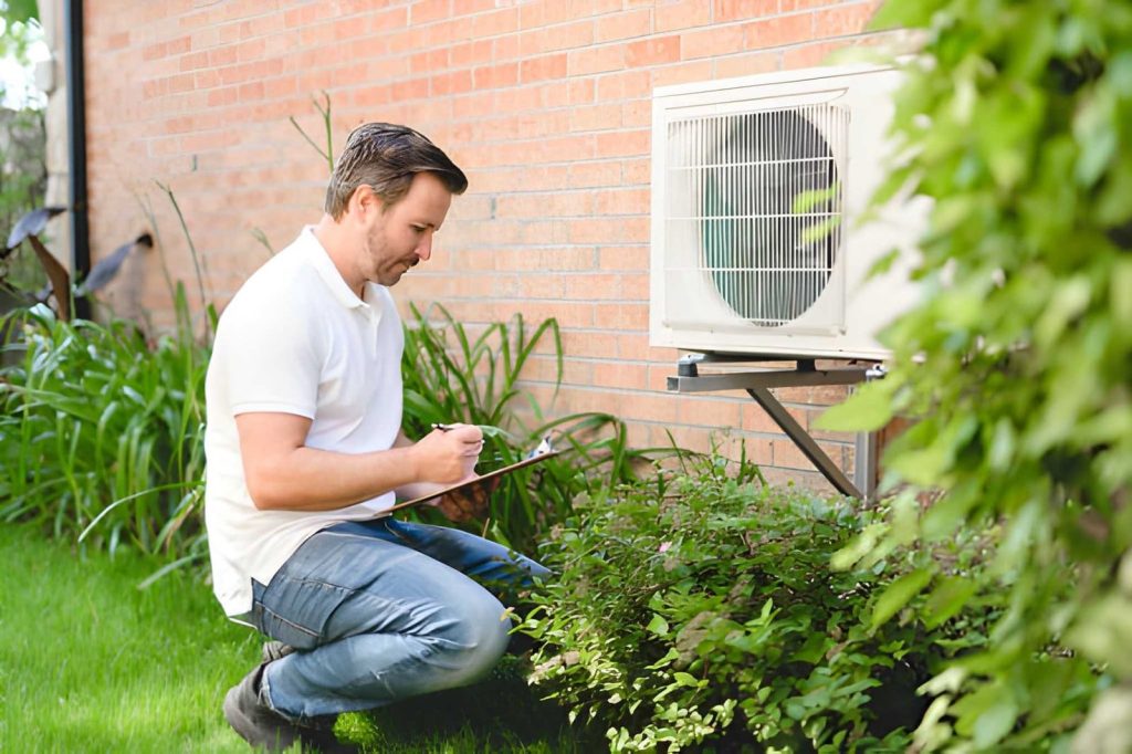 Home watch services Stuart FL—professional inspecting outdoor AC unit with clipboard in landscaped residential area.