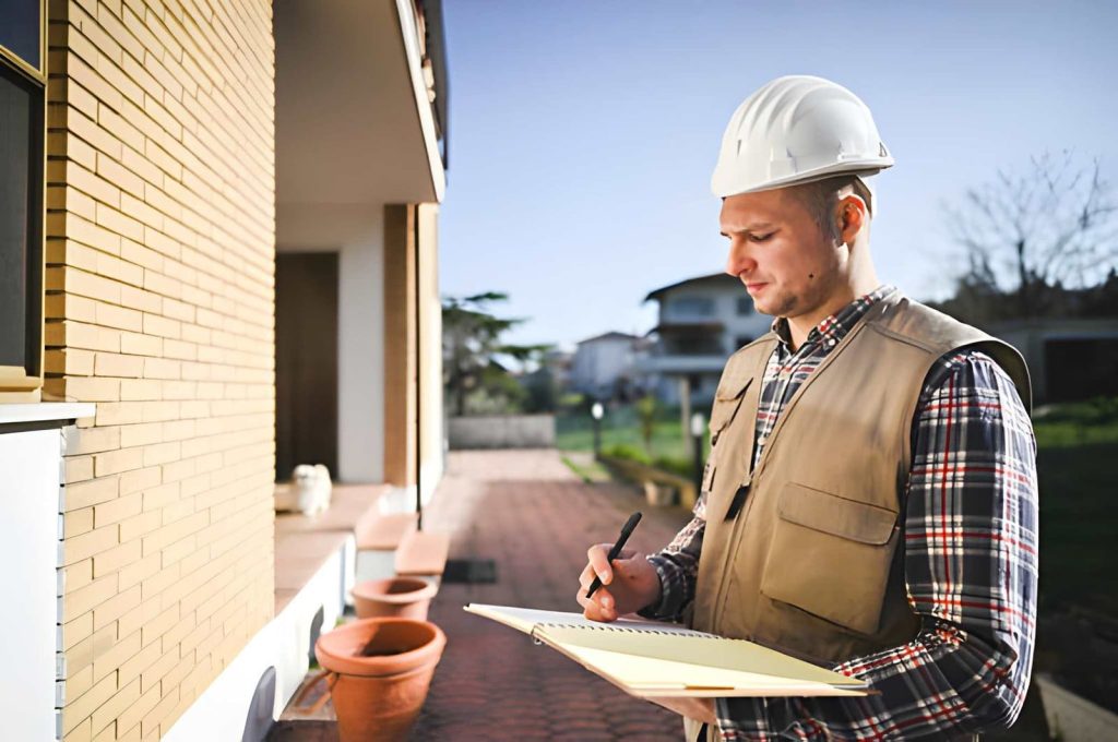 House check Jensen Beach inspector with safety helmet and notepad evaluating property exterior