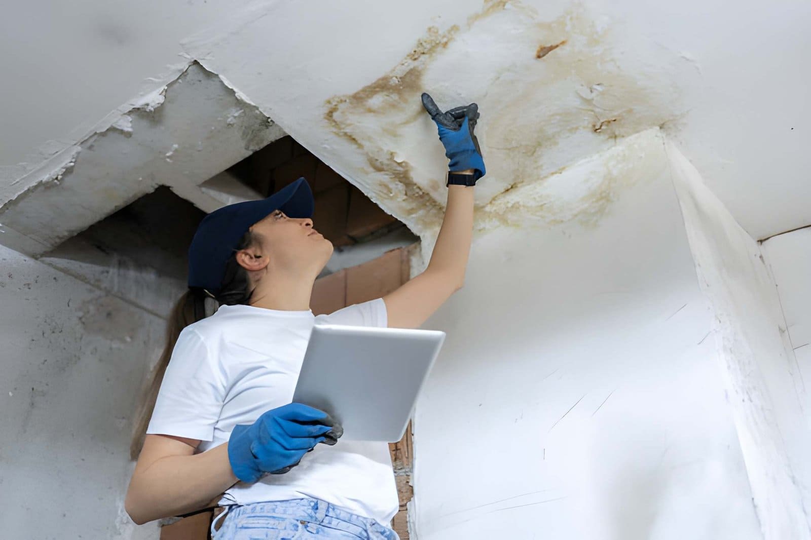 Home Watch Services Stuart FL inspector checking ceiling water damage with tablet and gloves.