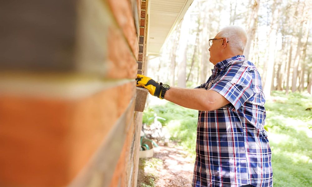 Home watch Palm City professional inspecting and repairing exterior brick wall mortar with gloves