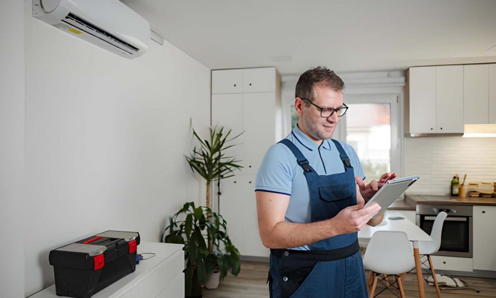 Home watch Port St Lucie—technician using tablet to inspect air conditioning unit in modern kitchen.