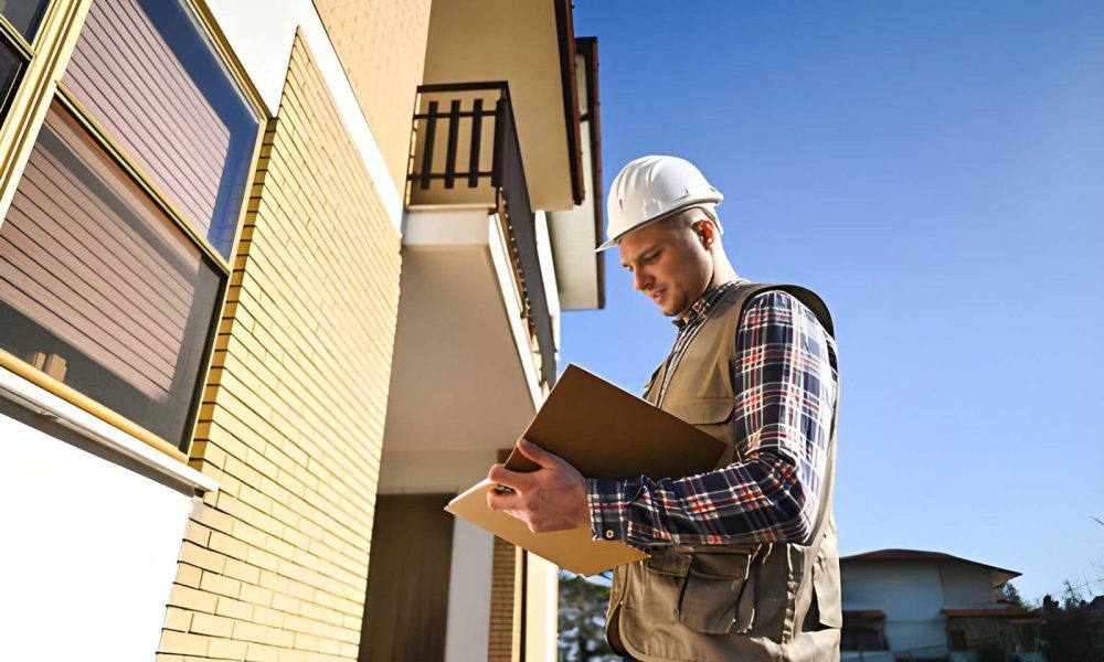 Home watch services near me—inspector in safety helmet with clipboard reviewing residential building exterior.
