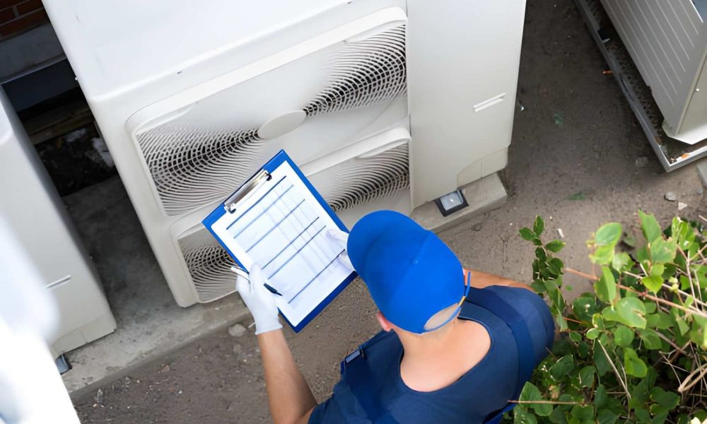 Home watch services Stuart FL—professional inspecting outdoor HVAC unit with clipboard and checklist.