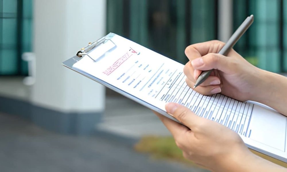 House check Jensen Beach inspector writing notes on clipboard during property evaluation