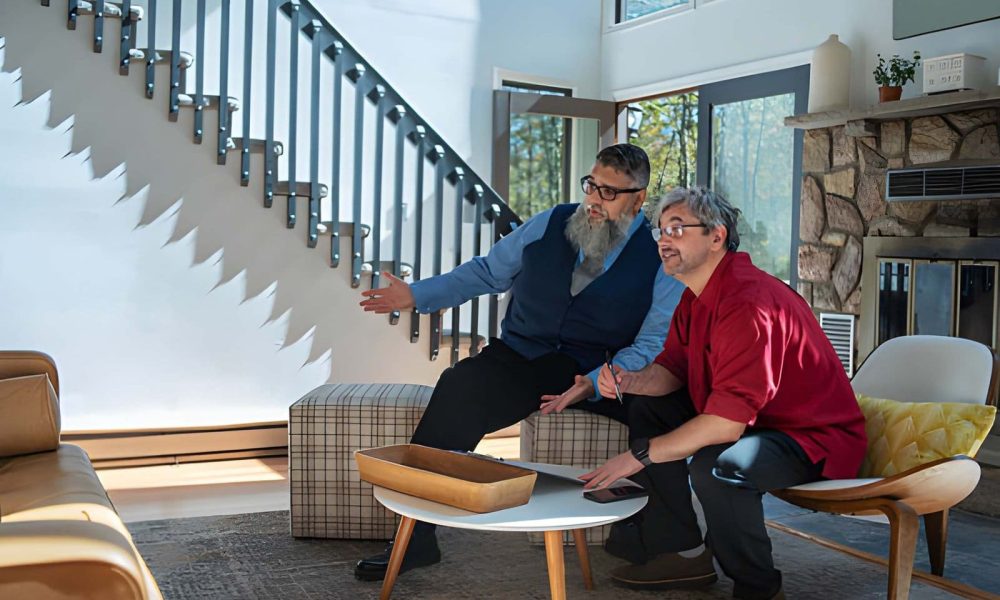 Property watch service near me—professionals discussing home monitoring in modern living room.