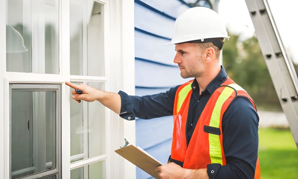 Residential home watch services near me—inspector in hard hat and safety vest checking window with clipboard.